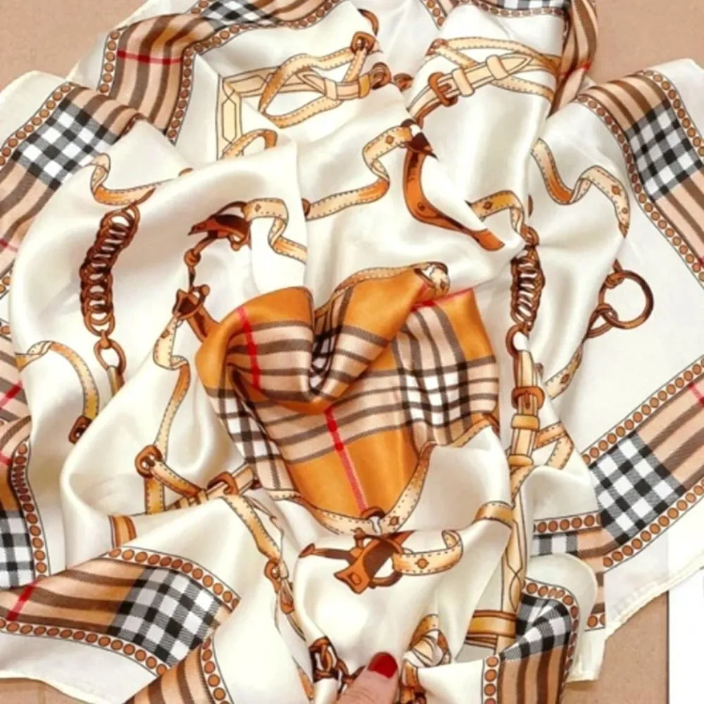 Mulberry Silky Neck Scarf Classic Chain Plaid Print Versatile Scarf